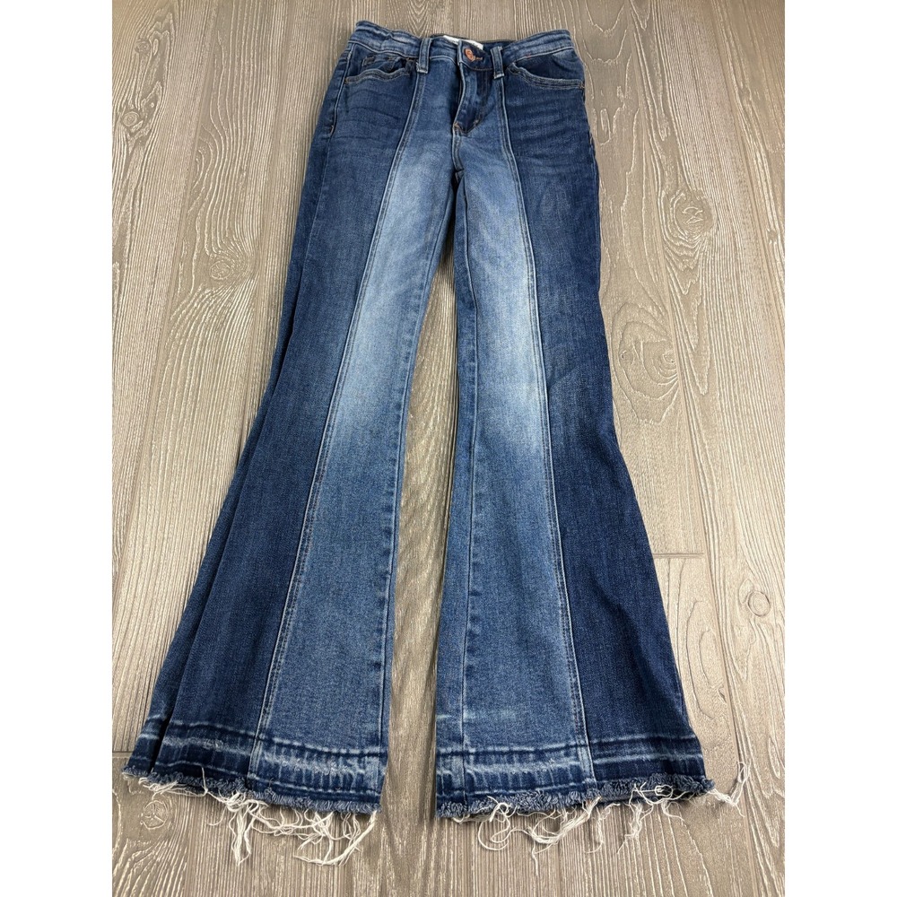 Flying Monkey Girls Two Tone Flare Jeans Blue Size 10 Raw Hem Frayed Denim